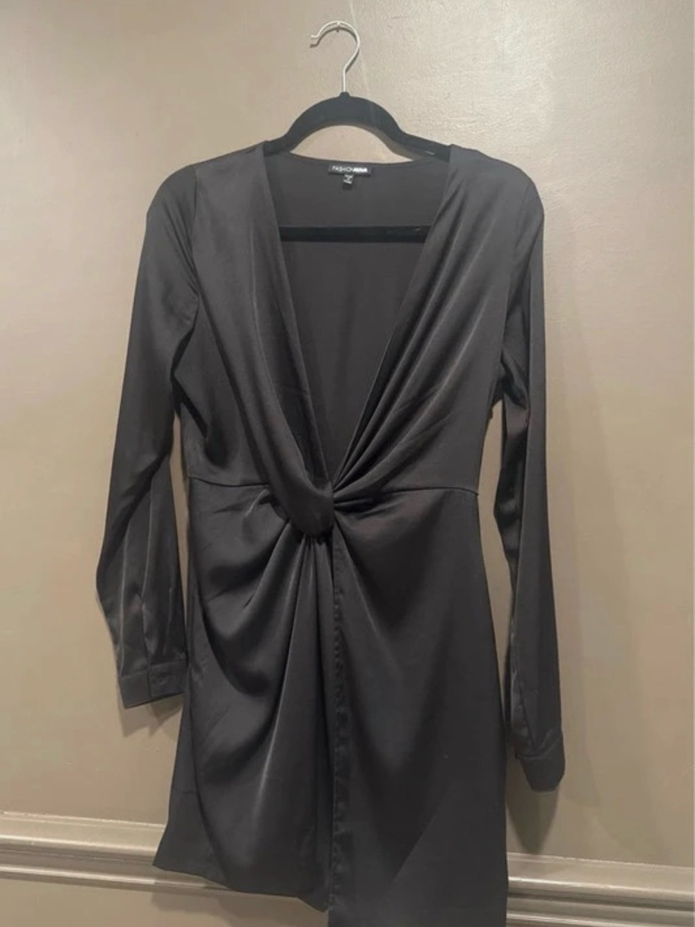 Fashion Nova Black Long-Sleeve Twist-Knot Mini Dress